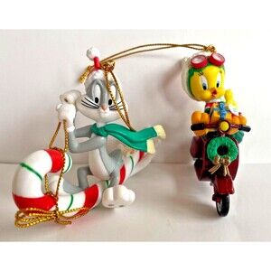 2 Looney Tunes Ornaments Bugs Buggy Candy Cane Tweety Bird Scooter Vintage